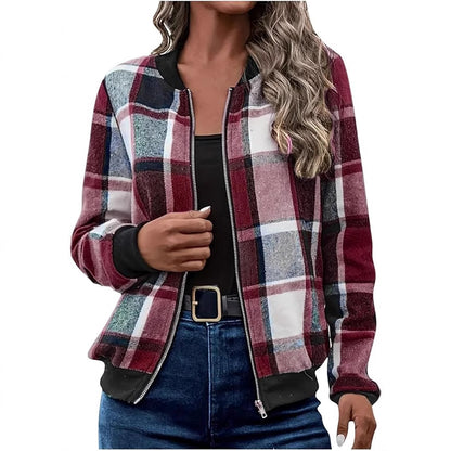 Women's Plaid Zip-Up Bomber Jacket Casual