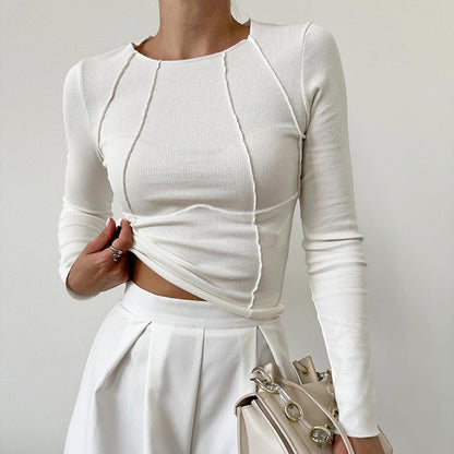 Women's Ribbed Long Sleeve Crop Top with Contour Seams