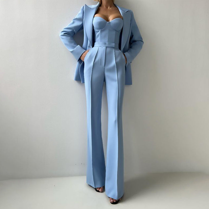 Women's 3 Piece Blazer Bustier Top Wide Leg Pants Set