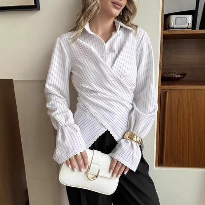 Striped Wrap Shirt with Lace Trim Long Sleeves