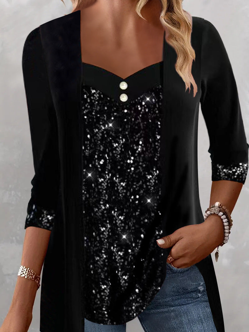 Women's Sequin Panel Button Layered Long Sleeve Top