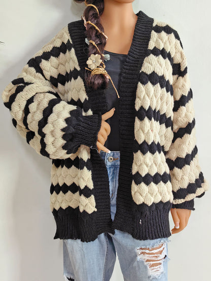 Women's Three-dimensional Contrasting Color Splicing Striped Cardigan Sweater