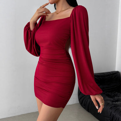 Burgundy Square Neck Long Sleeve Ruched Bodycon Mini Dress