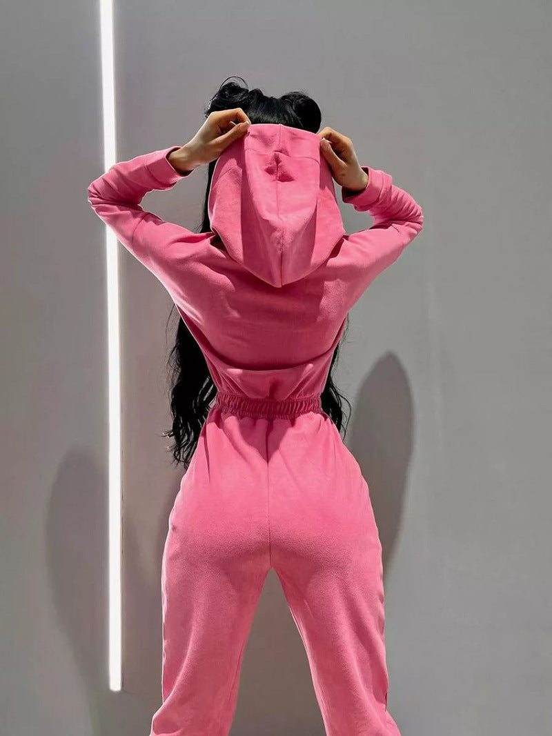Women's Hooded Drawstring Jogger Jumpsuit Pockets