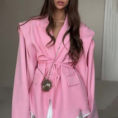 Women's Tie Waist Blazer Oversized Casual Jacket