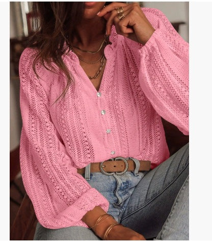 Women's Crochet Balloon Sleeve V Neck Blouse