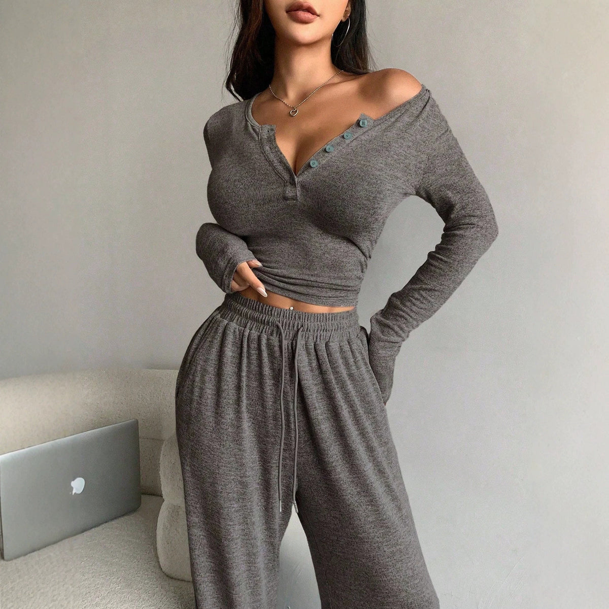 Women's Off Shoulder Button Front Knit Two Piece Pants Set
