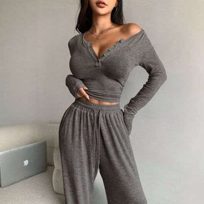 Women's Off Shoulder Button Front Knit Two Piece Pants Set