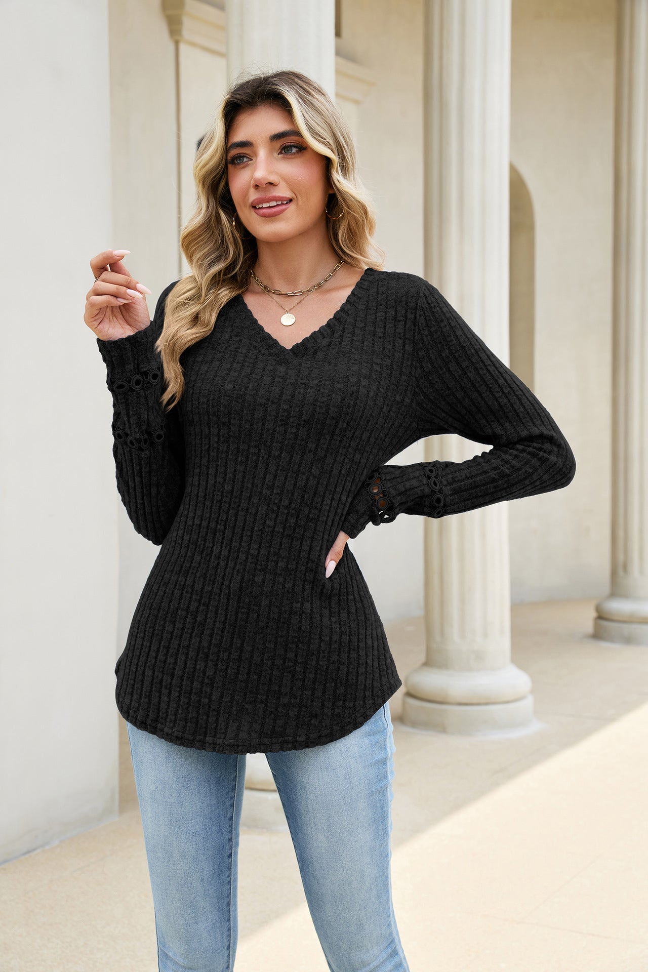 Solid V Neck Waffle Knit Top Lace Sleeve Pullover