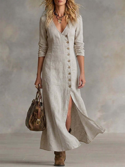 Women's Linen V-Neck Button Front Maxi Dress Slit