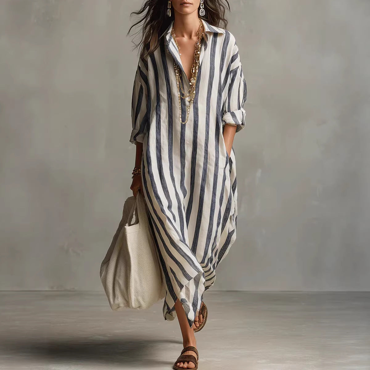 Oversized Striped Maxi Shirt Dress V-Neck 3/4 Sleeve