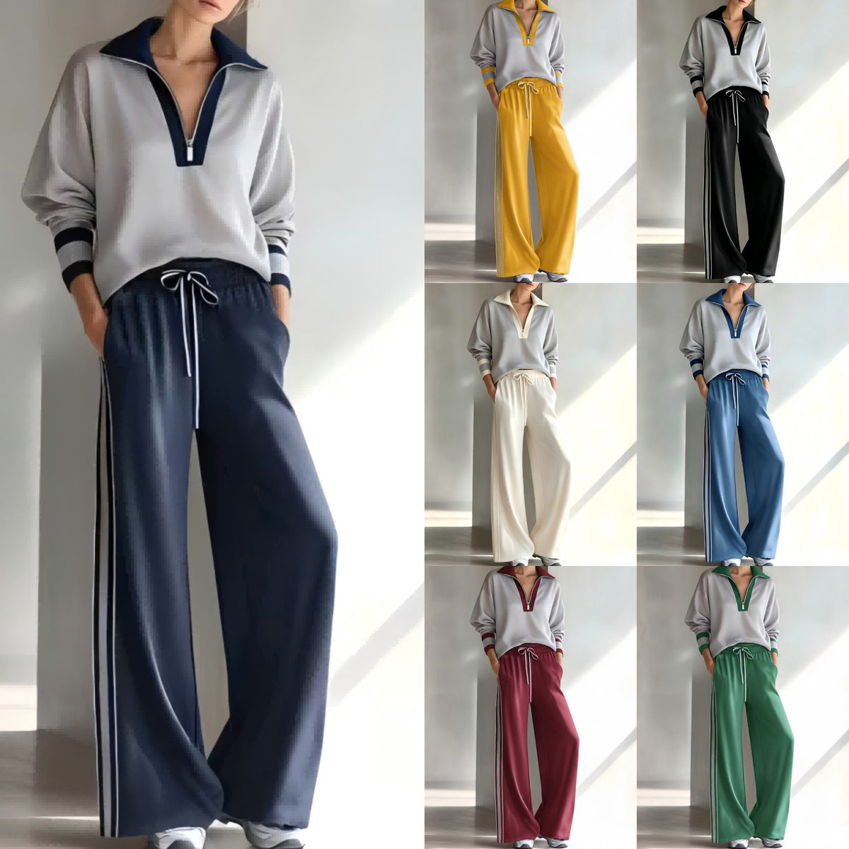 Women's Color Block Polo Sweatsuit Two Piece Lounge Set