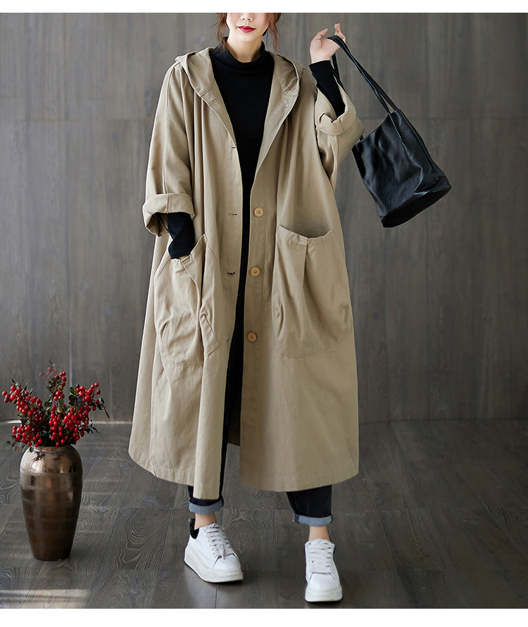 Women's Oversized Hooded Long Trench Coat Pockets