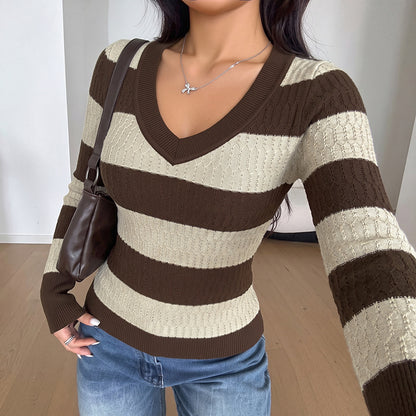 Striped V Neck Knit Sweater Slim Fit Pointelle Pullover