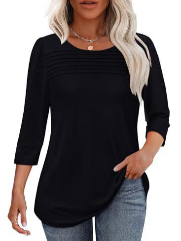 Women's Long Sleeve Crew Neck Pleated Casual Top