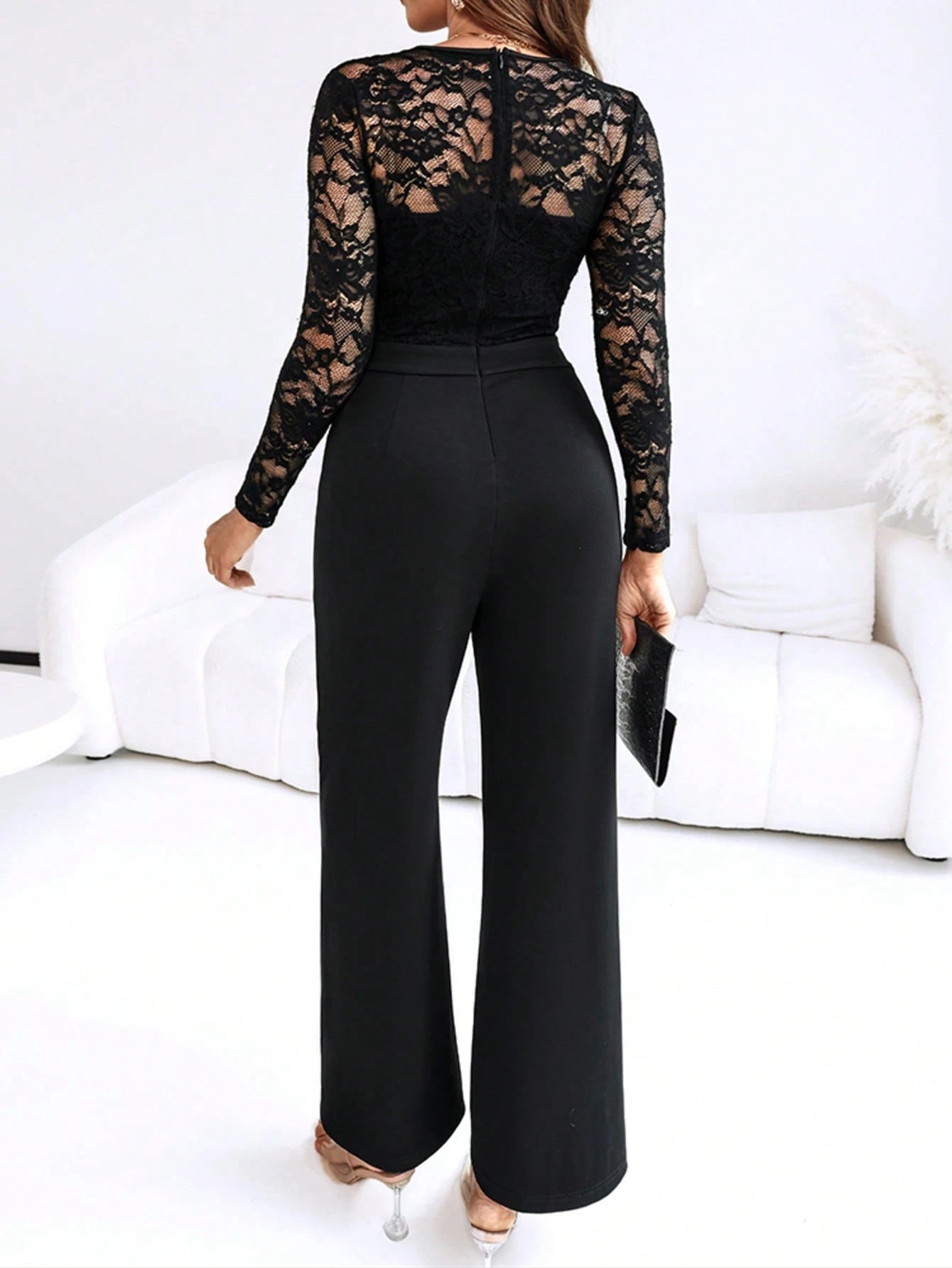 Lace Belted Flare Jumpsuit Long Sleeve Women