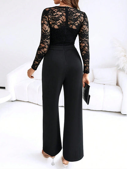 Lace Belted Flare Jumpsuit Long Sleeve Women