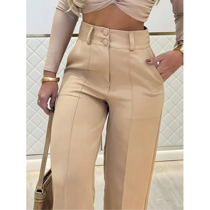 High Waist Wide Leg Pants Double Button Casual Trousers