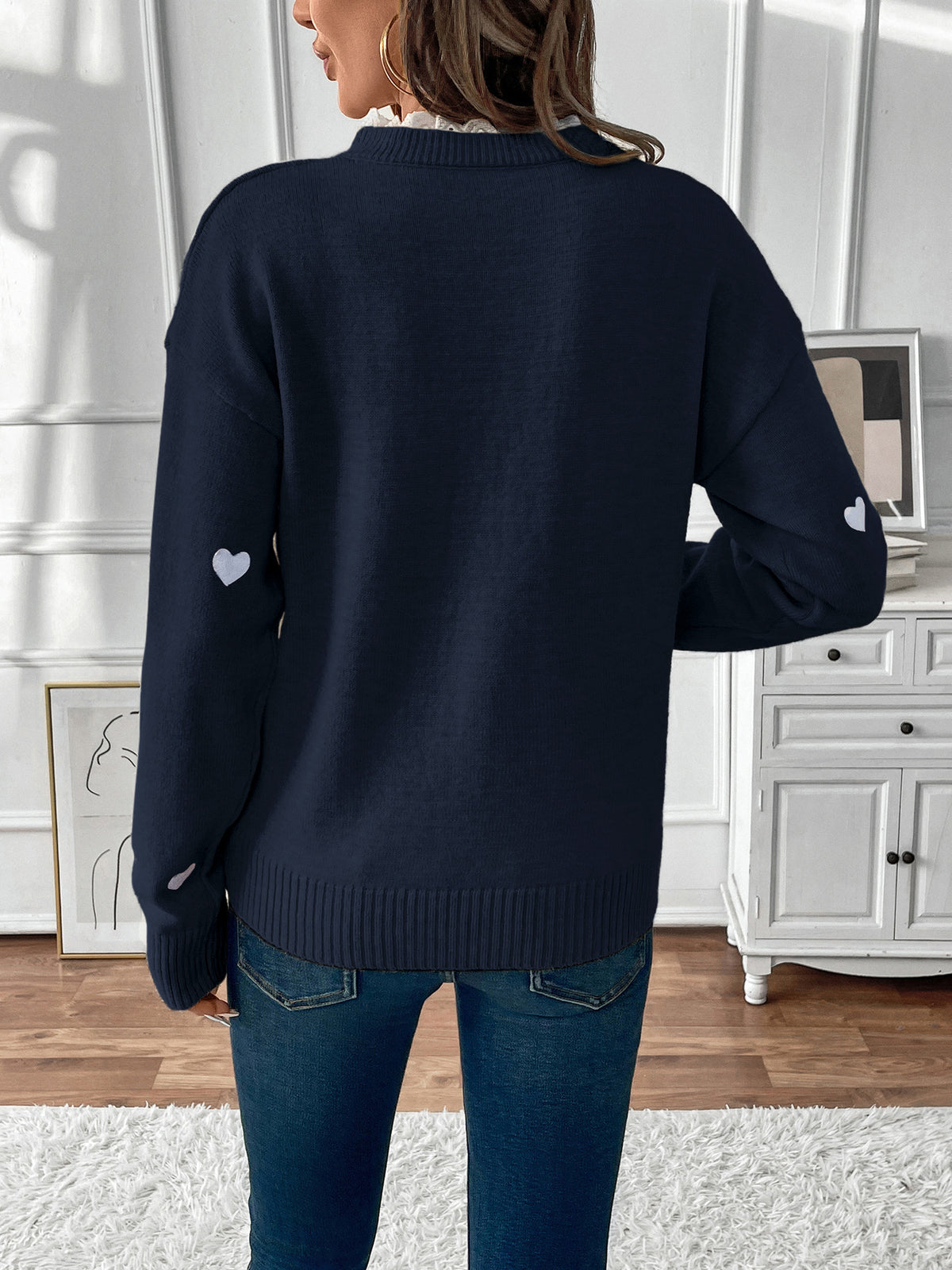 Women's Heart V-Neck Lace Trim Cozy Sweater