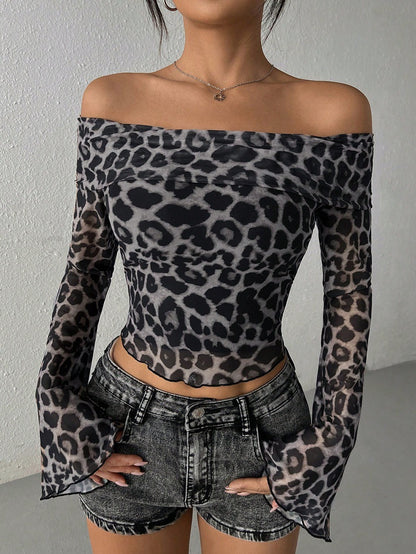 Sexy Off Shoulder Leopard Mesh Bell Sleeve Crop Top