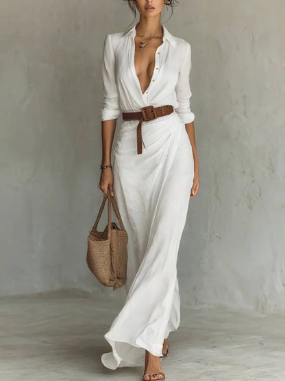 Elegant Ruched Belted Long Sleeve Asymmetric Maxi Dress