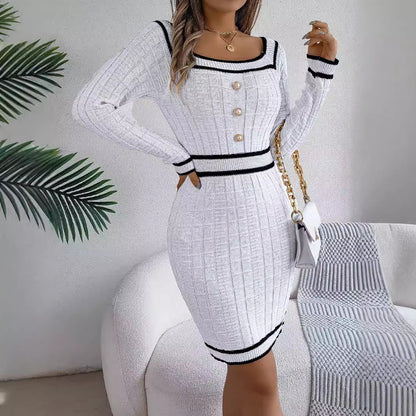 Square Neck Long Sleeve Button Front Bodycon Sweater Dress
