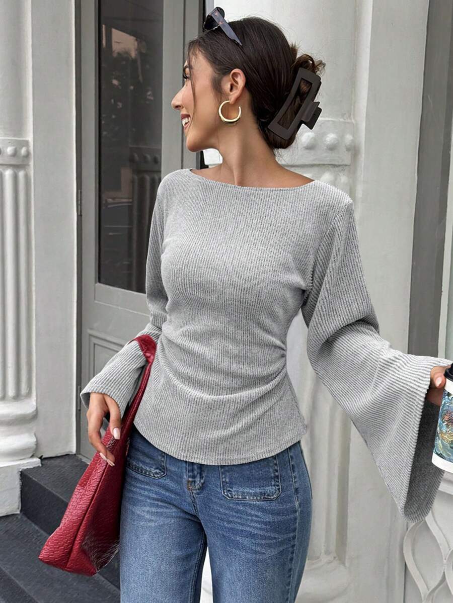 Ribbed Knit Bell Sleeve Fitted Long Sleeve Top