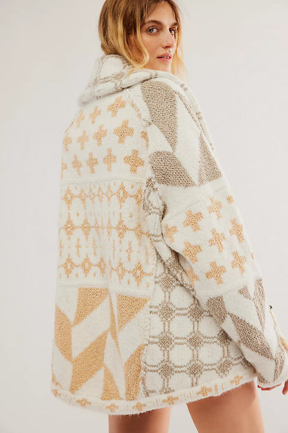 Y2K Oversized Geometric Knit Cardigan Button Front