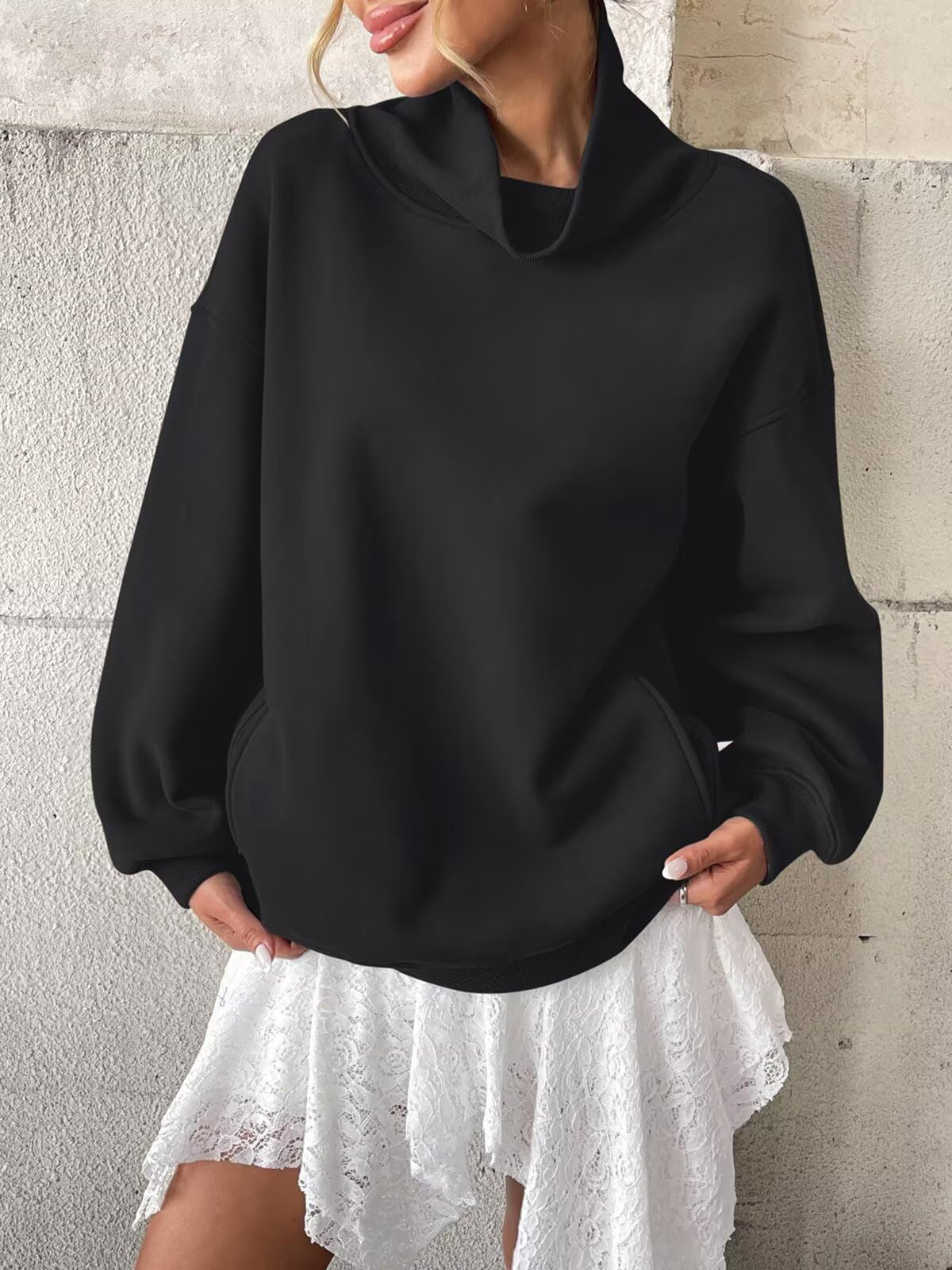 Fleece Mock Neck Oversized Sweatshirt Casual Pullover