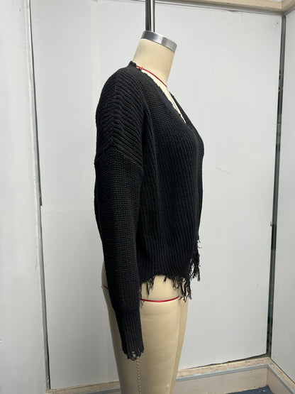 Women's Oversized V Neck Frayed Hem Knit Sweater
