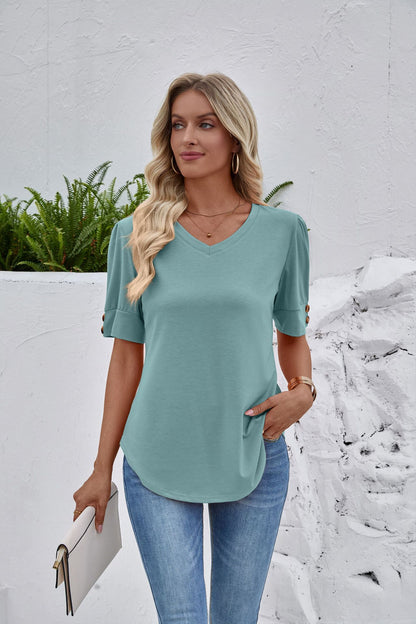 Solid Color V Neck Button Sleeve Puff Top Casual Tee