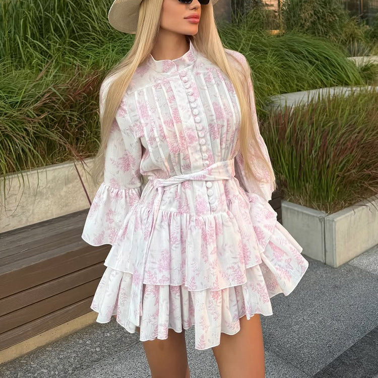 Pink Floral Mini Dress Bell Sleeve Button Front Tie Waist