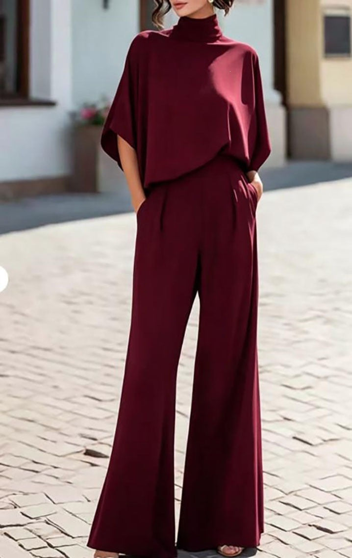 Women's Mock Neck Top & Wide Leg Pants Two Piece Set