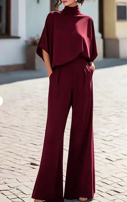 Women's Mock Neck Top & Wide Leg Pants Two Piece Set