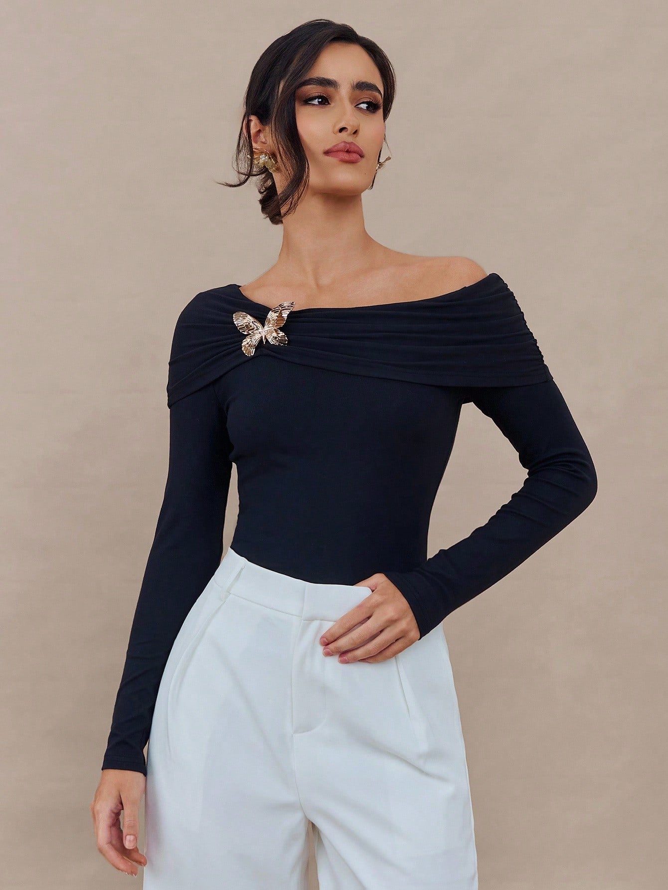 Off Shoulder Ruched Long Sleeve Top with Butterfly Brooch