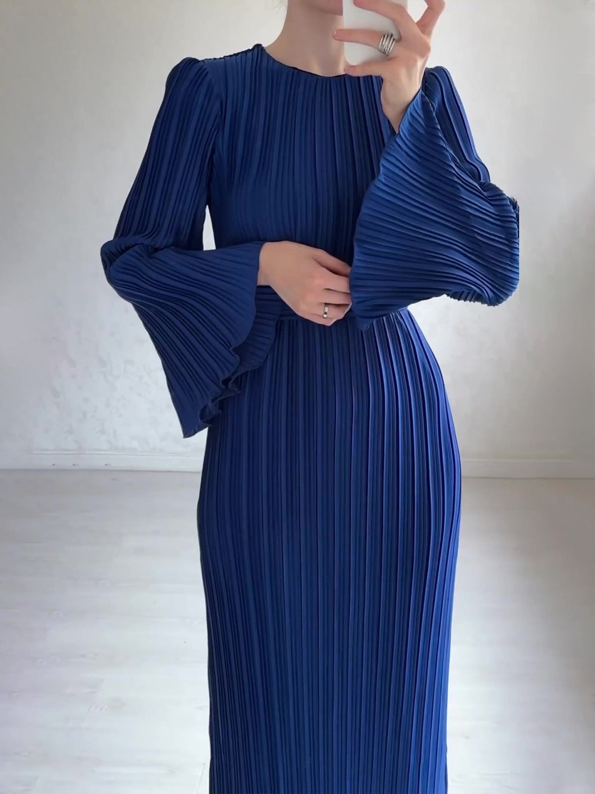 Pleated Bell Sleeve Maxi Dress Elegant Solid Flowy Mesh