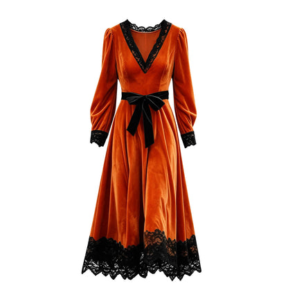 Velvet Maxi Dress V-Neck Lace Trim Puff Sleeve Flowy