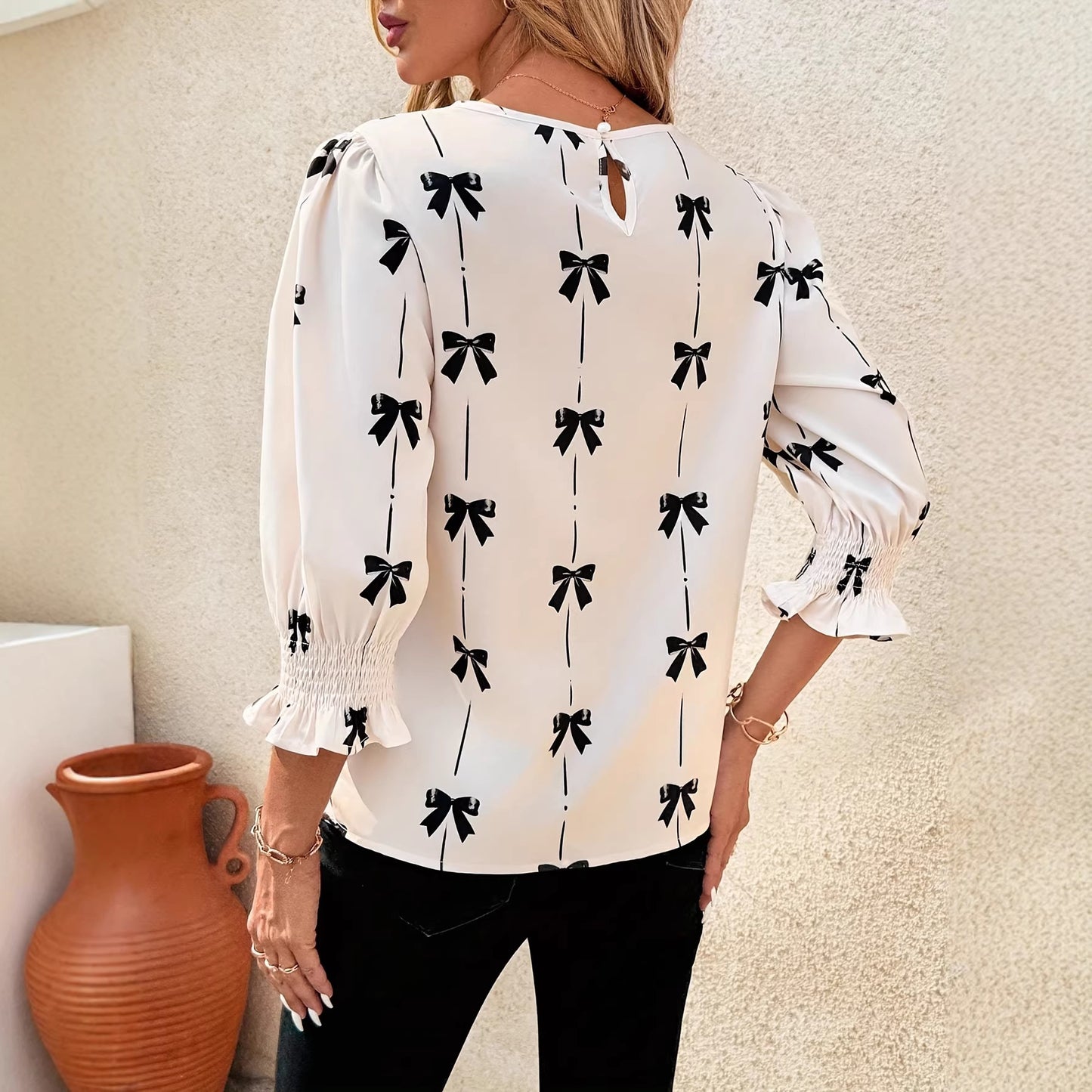 Women's Bow Print Smocked Blouse 3/4 Bell Sleeve Crew Neck