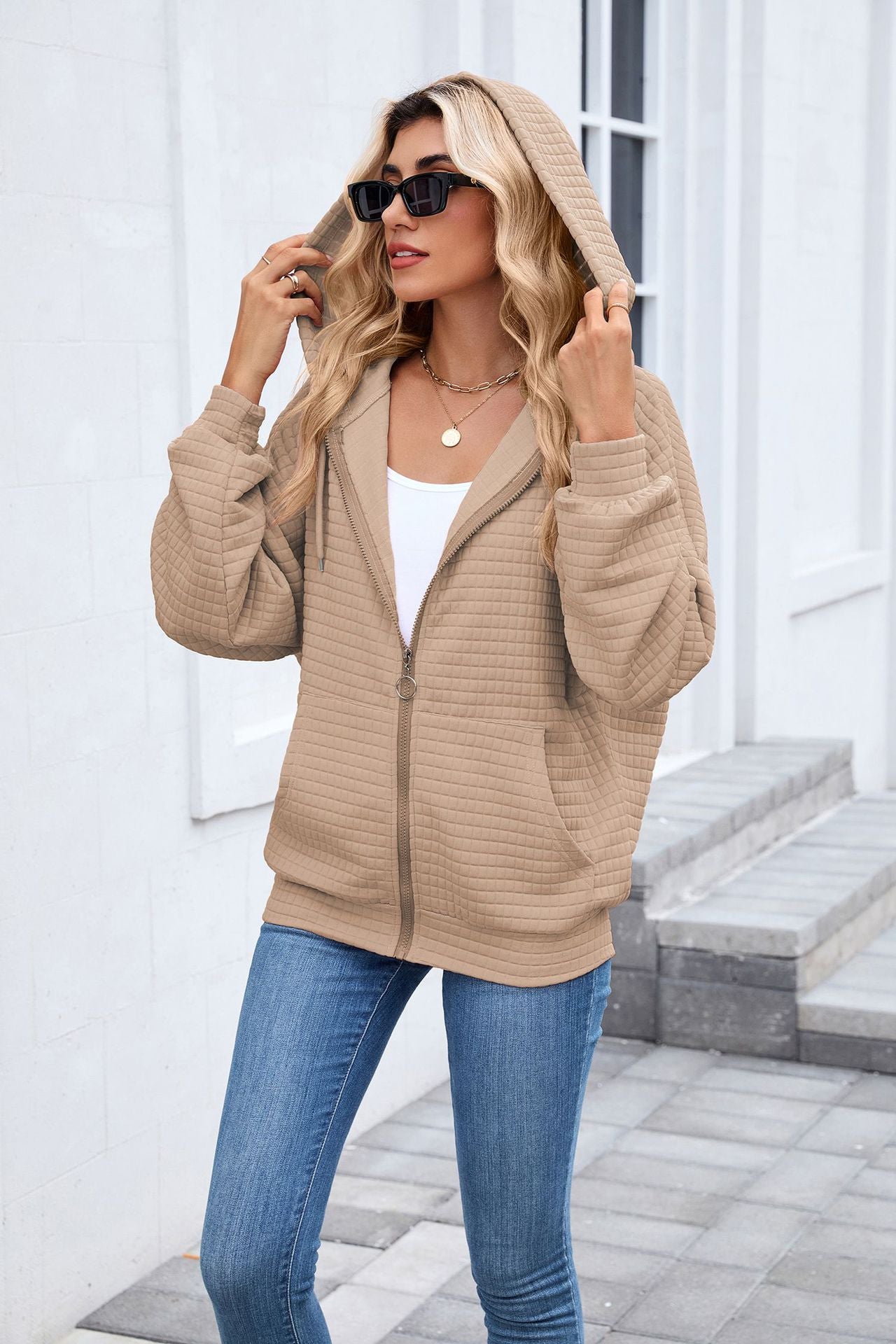 Quilted Zip Up Hooded Jacket Hoodie with Pockets