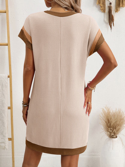 Color Block Ribbed T Shirt Dress Pocket Casual Summer