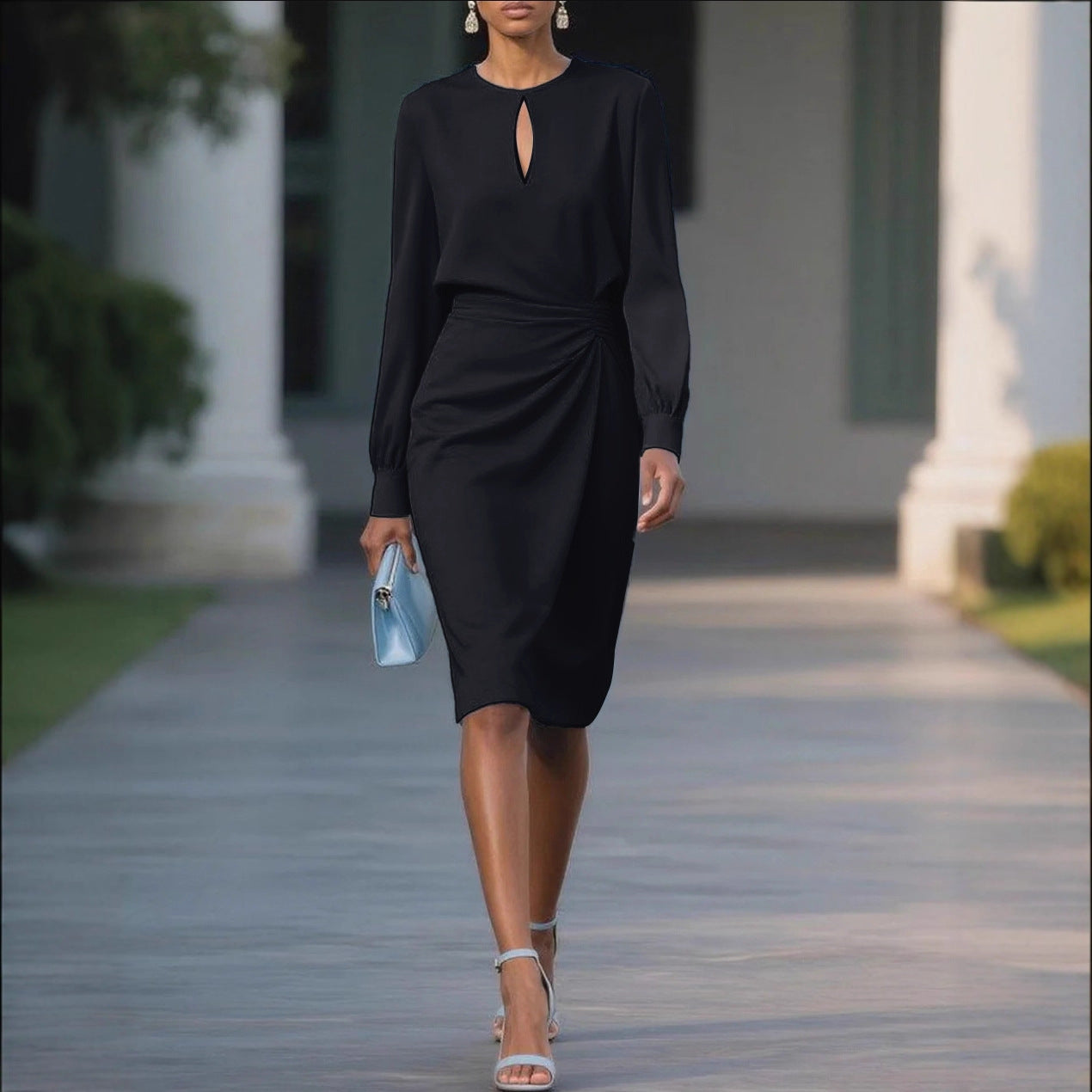 Women's Long Sleeve Ruched Midi Dress Cutout Elegant