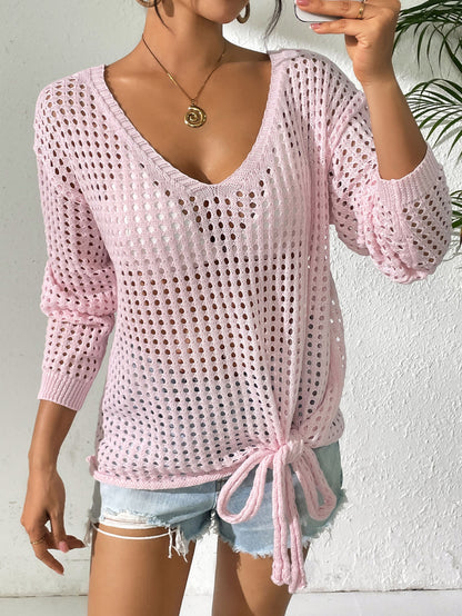 V Neck Crochet Cover Up Sweater Tie Side Beach Top