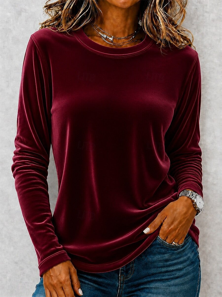 Women's Velvet Long Sleeve Top Casual Round Neck Blouse