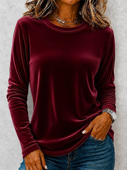 Women's Velvet Long Sleeve Top Casual Round Neck Blouse