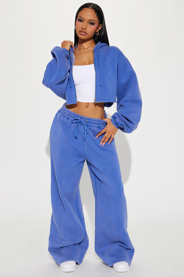 Women's Two Piece Crop Zip Hoodie Wide Leg Sweatpants Set