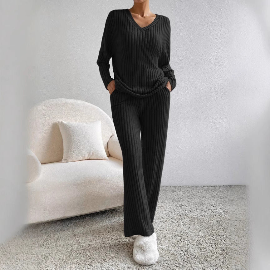 Women's Ribbed Knit V-Neck Two-Piece Lounge Set