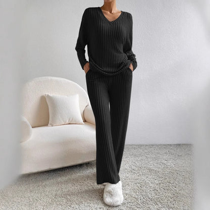 Women's Ribbed Knit V-Neck Two-Piece Lounge Set