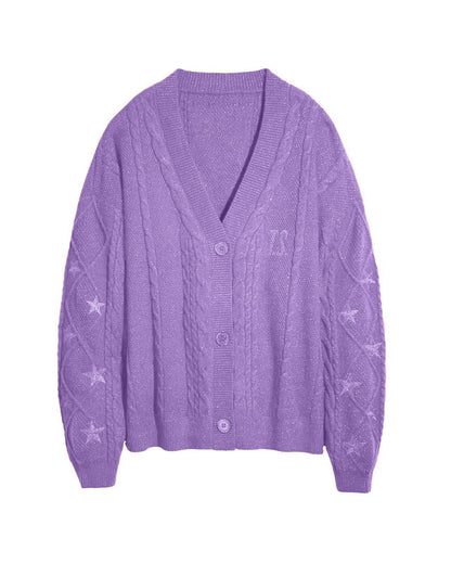 Oversized Cable Knit Star Embroidered Cardigan Sweater