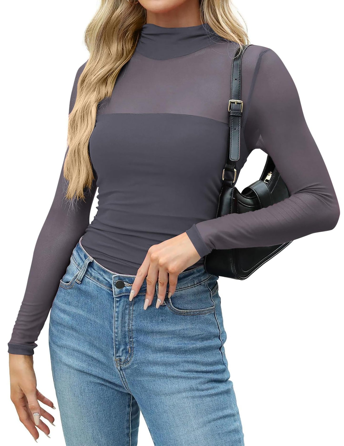 Y2K Mesh Semi-Turtleneck Long Sleeve Sexy T-Shirt