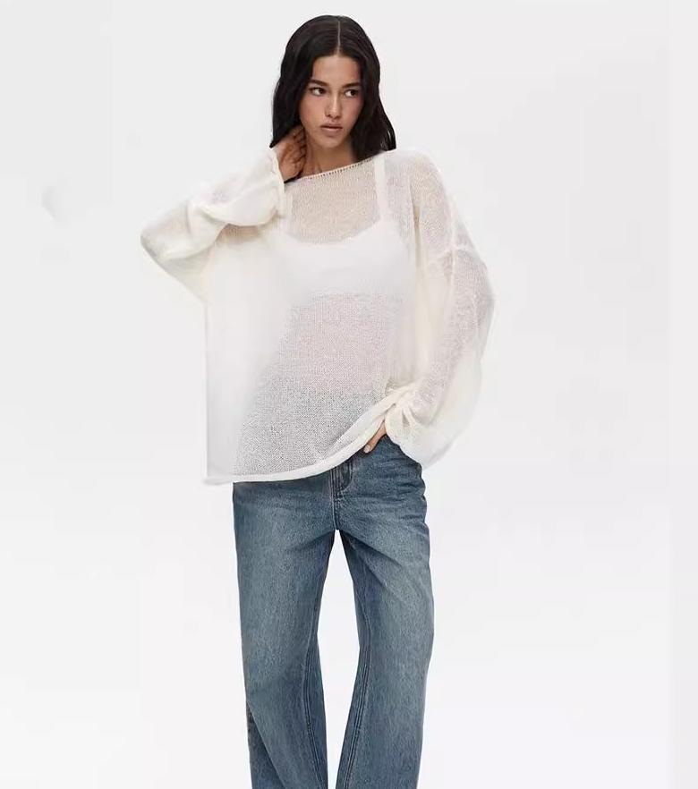 Sheer Knit Pullover Sweater Long Sleeve Loose Fit Top